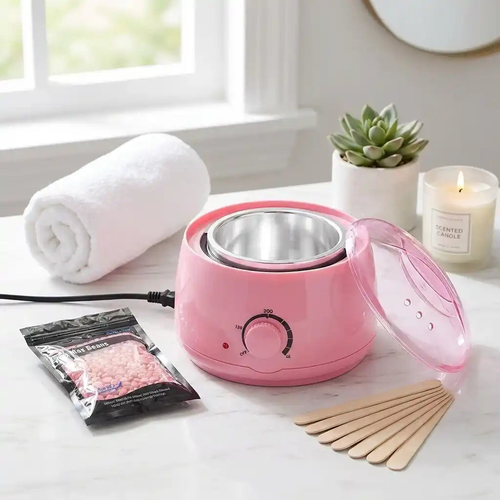 Automatic wax and oil heater pink base with open lid and temperature dial
