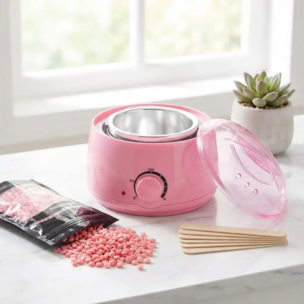 Automatic wax and oil heater pink with stainless inner pot and transparent lid