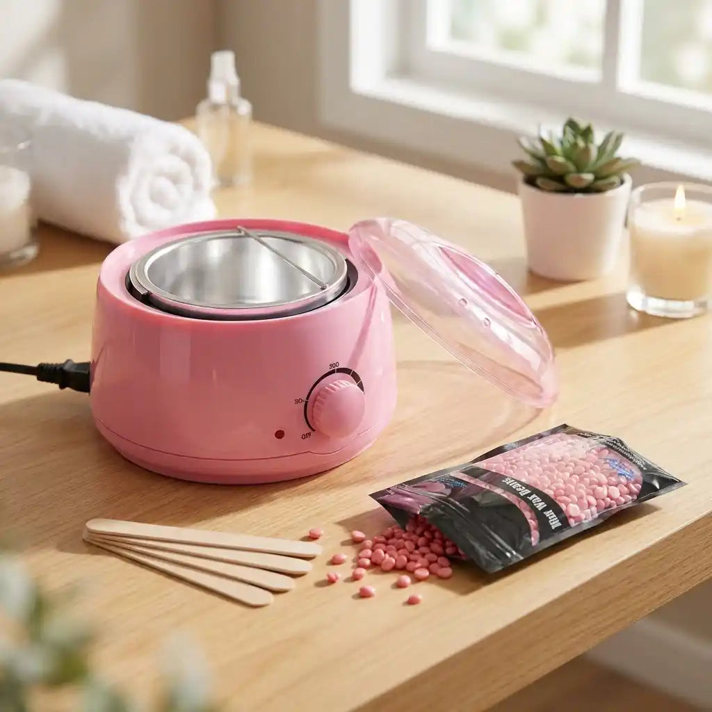 Automatic wax and oil heater pink base, open transparent lid, temperature control dial