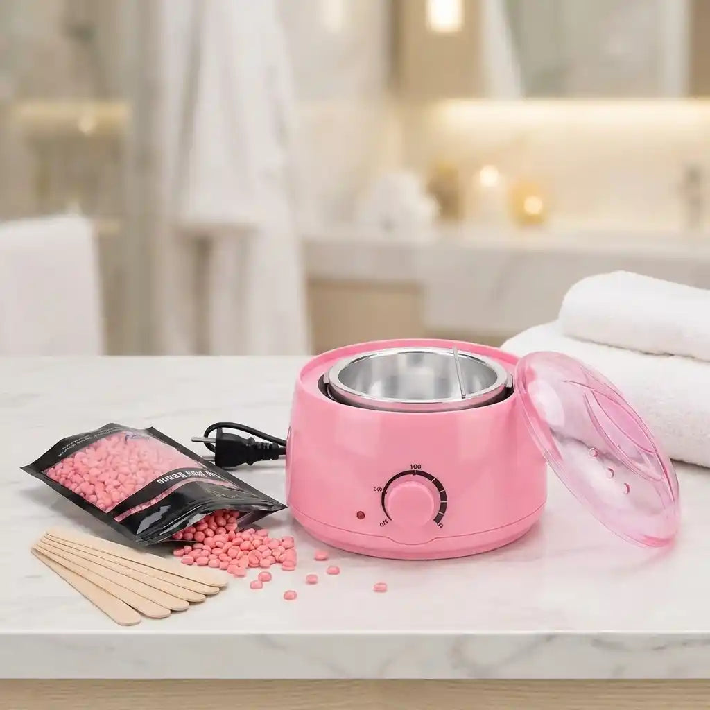 Automatic wax and oil heater in pink with open lid, stainless inner pot, dial