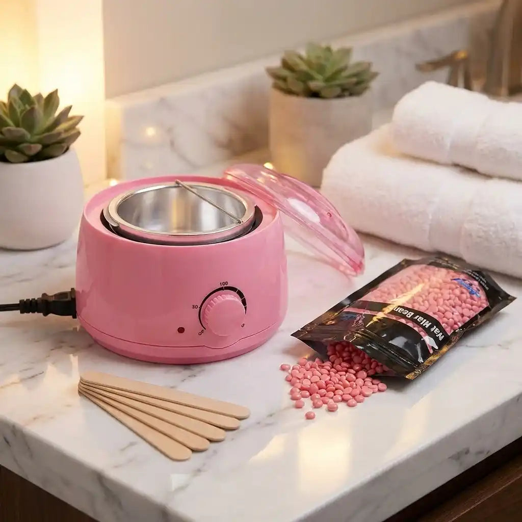 Automatic wax and oil heater pink with open lid and stainless inner pot