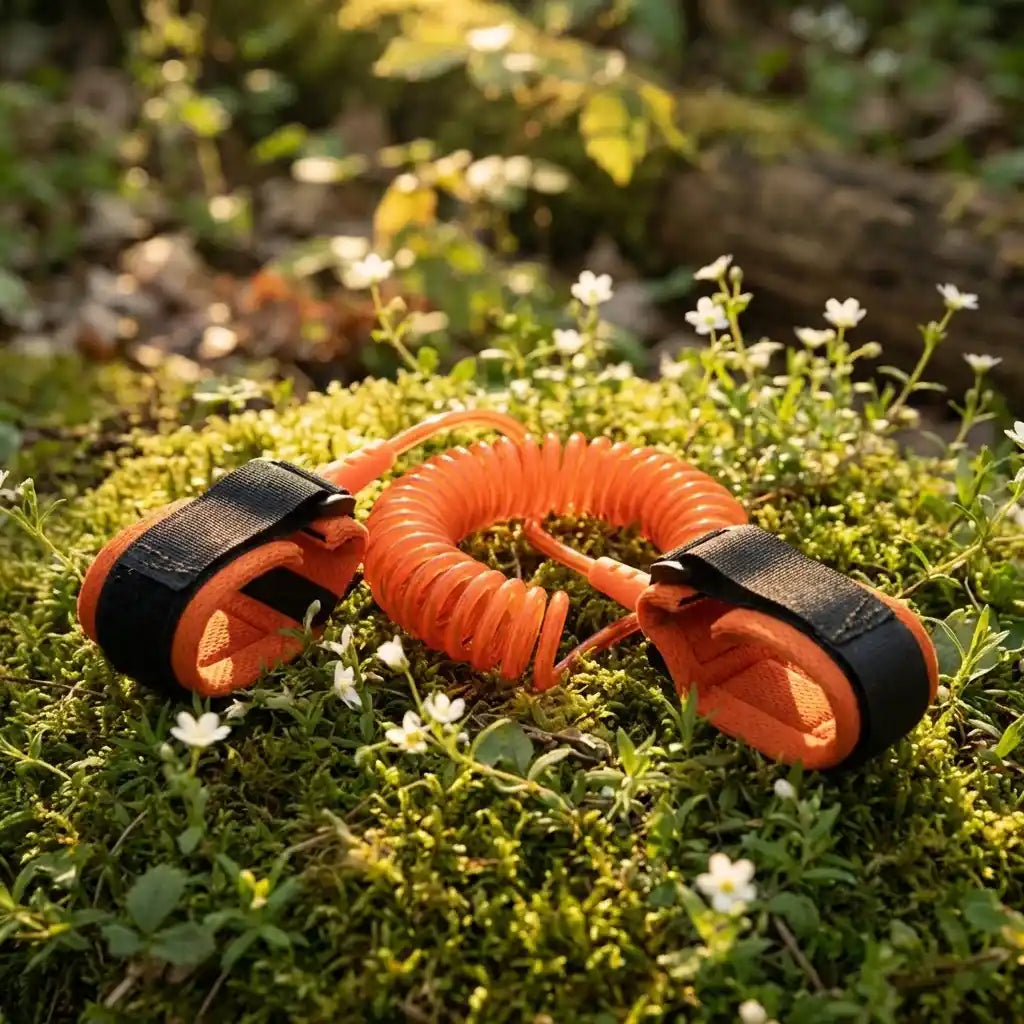 Baby safety rope with orange coiled cord and black-and-orange end straps
