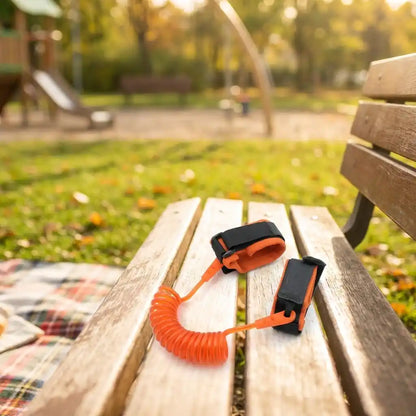 Safety rope with orange coiled cord and black-and-orange attachment straps