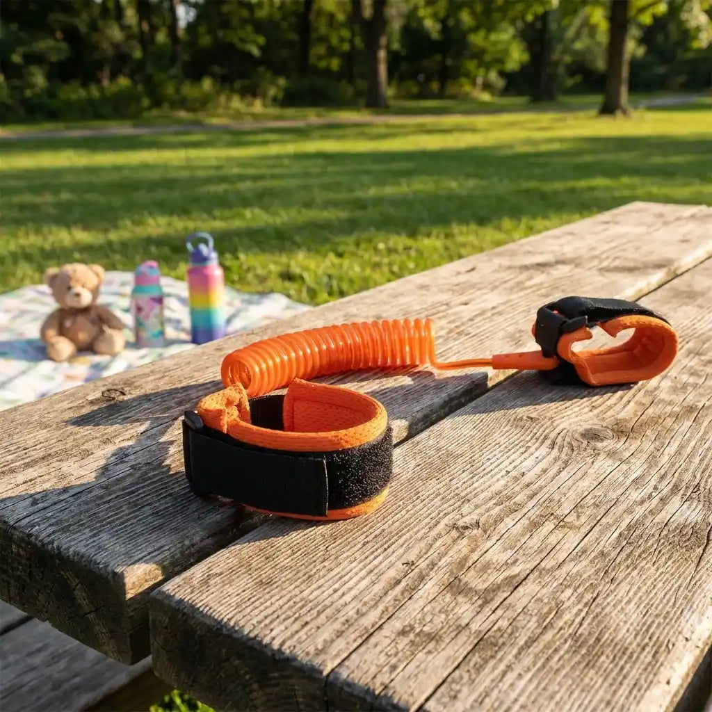Safety rope with orange coiled cord and black-and-orange wrist-style straps