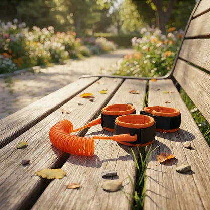 Safety rope with orange coiled cord and three black-and-orange loop straps