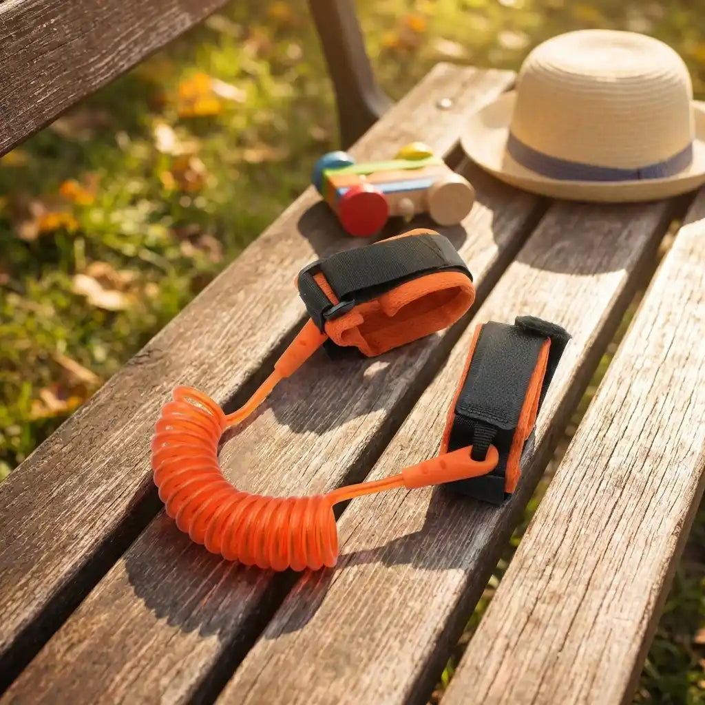 Safety rope with orange coiled cord and black-and-orange adjustable strap ends
