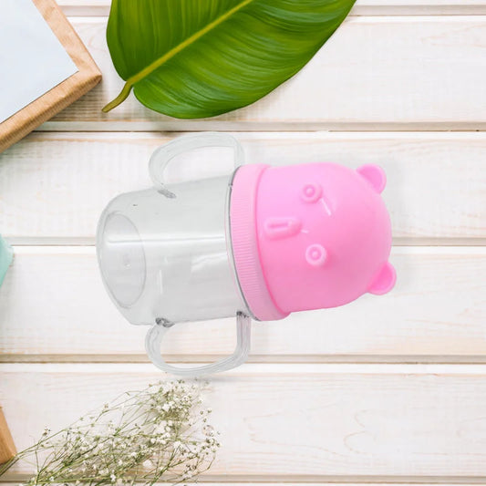 Baby sippy cup mug with pink animal spout and gray body