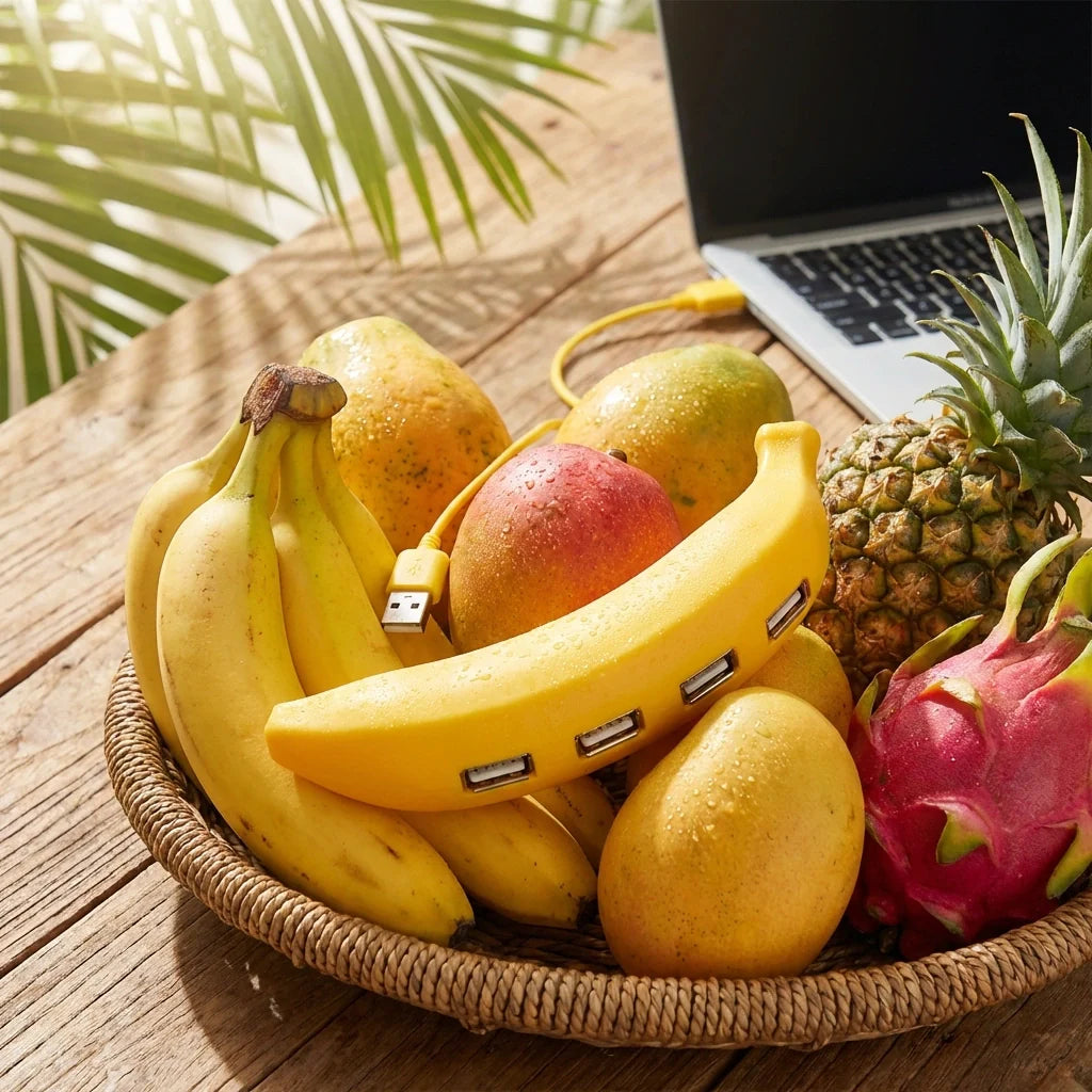Banana-shaped USB 2.0 hub resting among fruit with its ports facing up