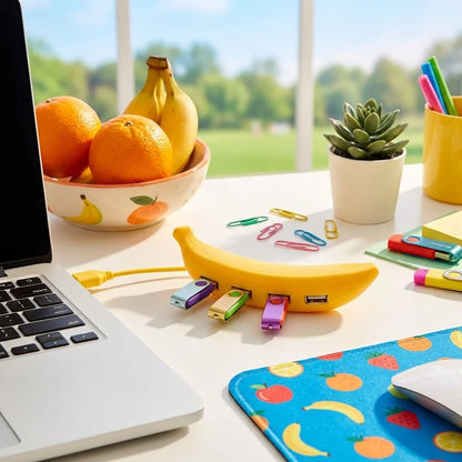 Banana-shaped USB 2.0 hub with ports and cable on a desk beside devices