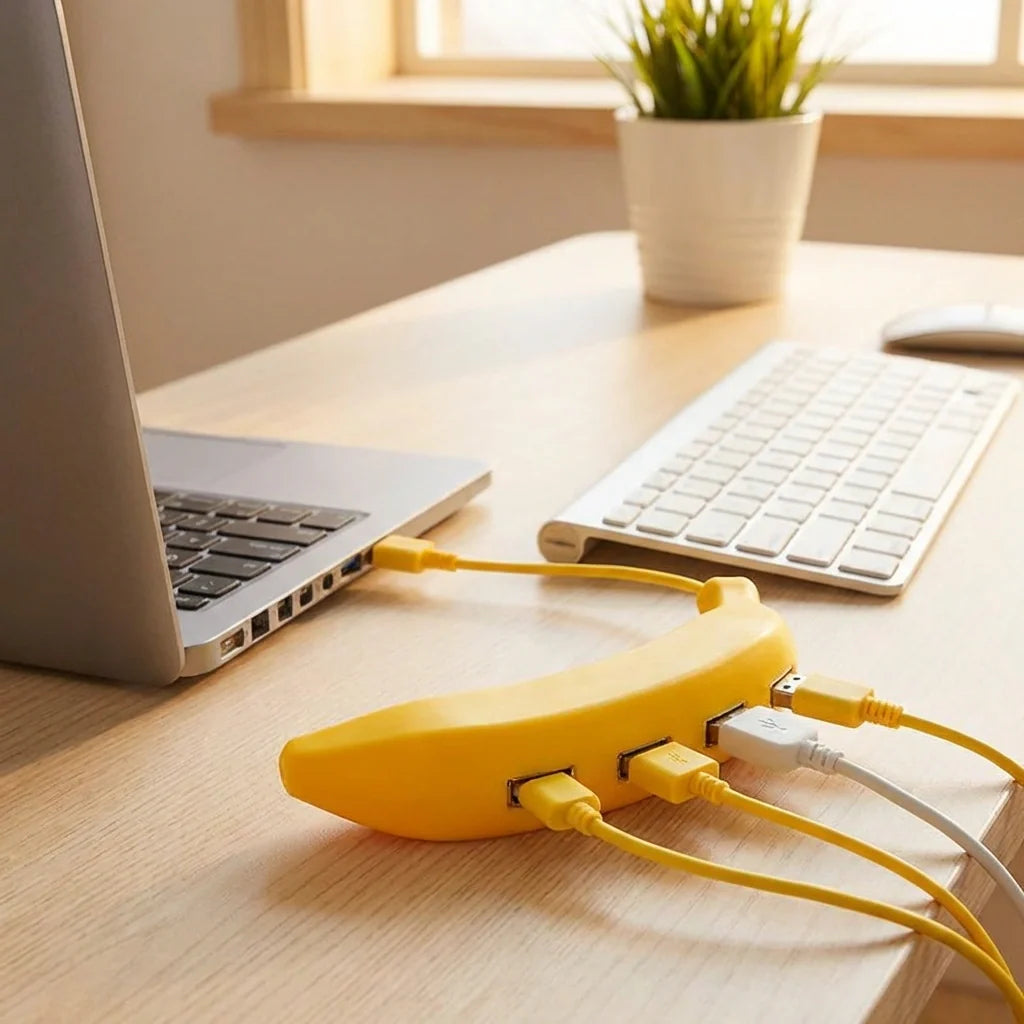 Banana-shaped USB 2.0 hub connected to a laptop with yellow cable