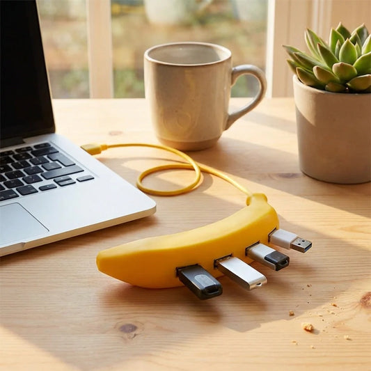Banana-shaped USB 2.0 hub in yellow with ports and attached cable on a desk