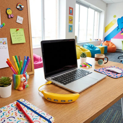 Banana-shaped USB 2.0 hub on a desk next to an open laptop