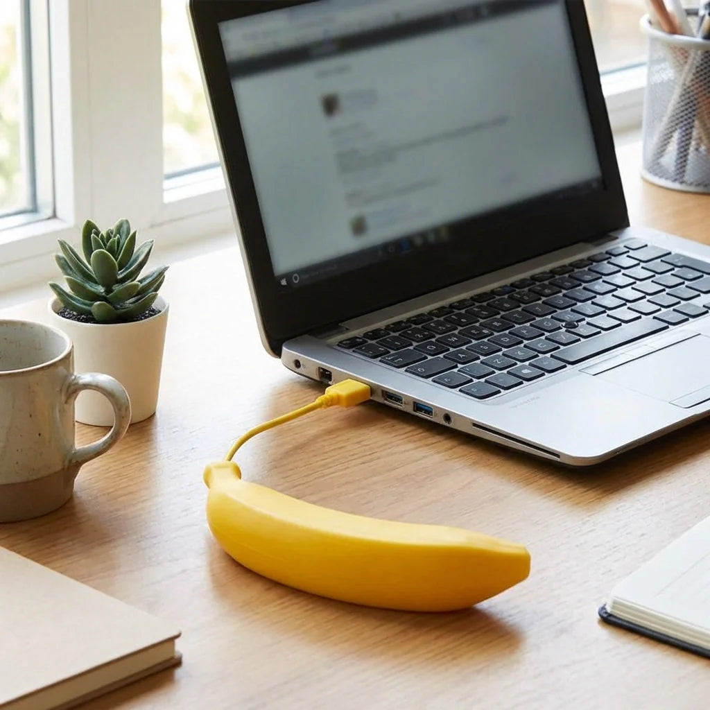 Banana-shaped USB 2.0 hub plugged into a laptop’s USB port with a yellow cable