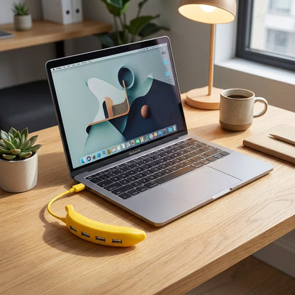 Banana-shaped USB 2.0 hub with ports connected to a laptop on a work desk