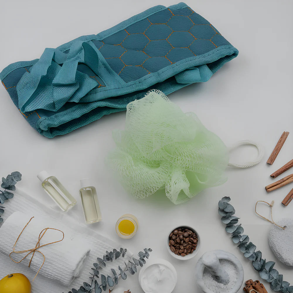 Teal bath scrubber cloth roll and pale green mesh loofah sponge with handle