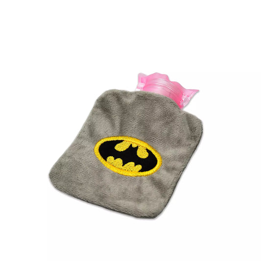 Gray Batman hot water bag with pink cap and yellow bat logo patch
