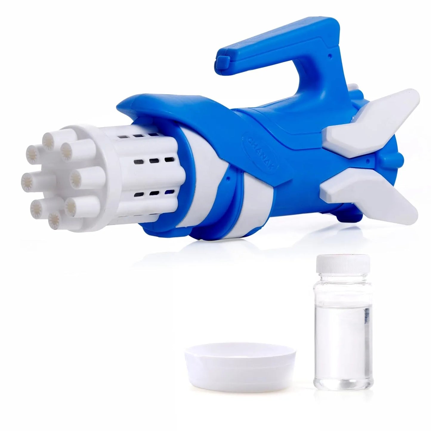 Battery-operated bubble gun, blue with white nozzle, plus bubble solution bottle