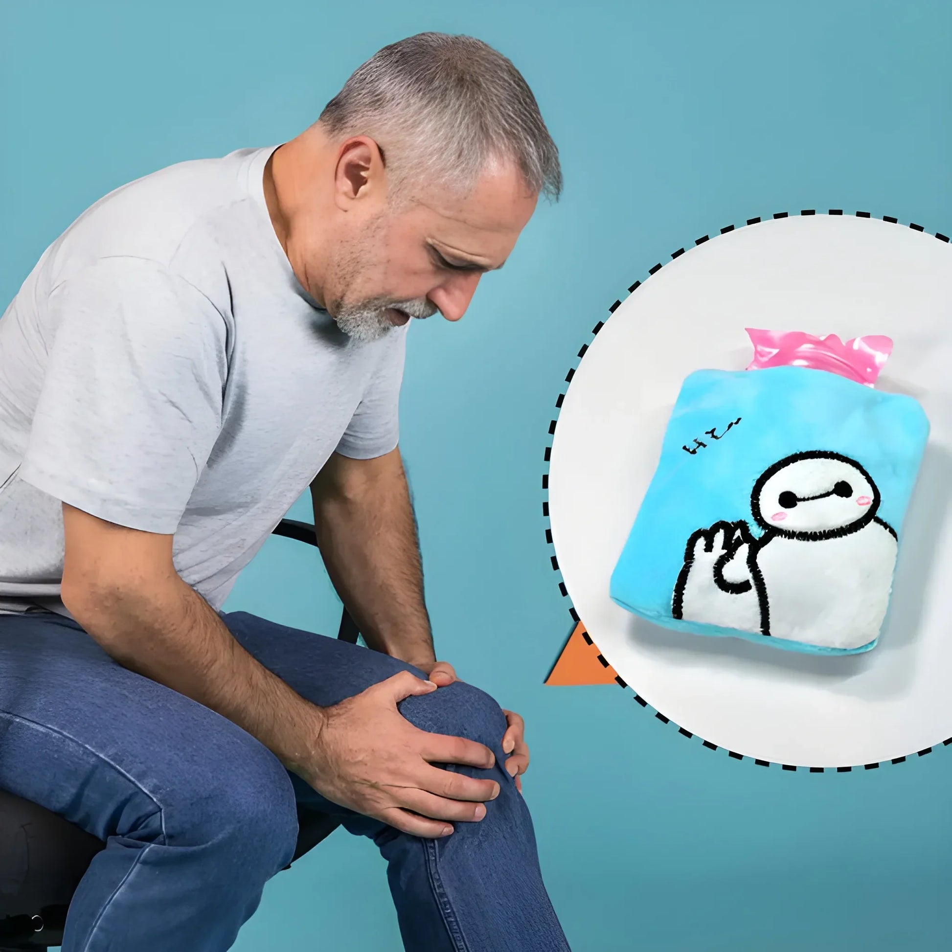 Blue Baymax hot water bottle with cute character face on cover