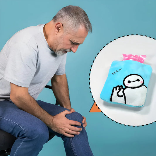 Blue Baymax hot water bottle with cute character face on cover