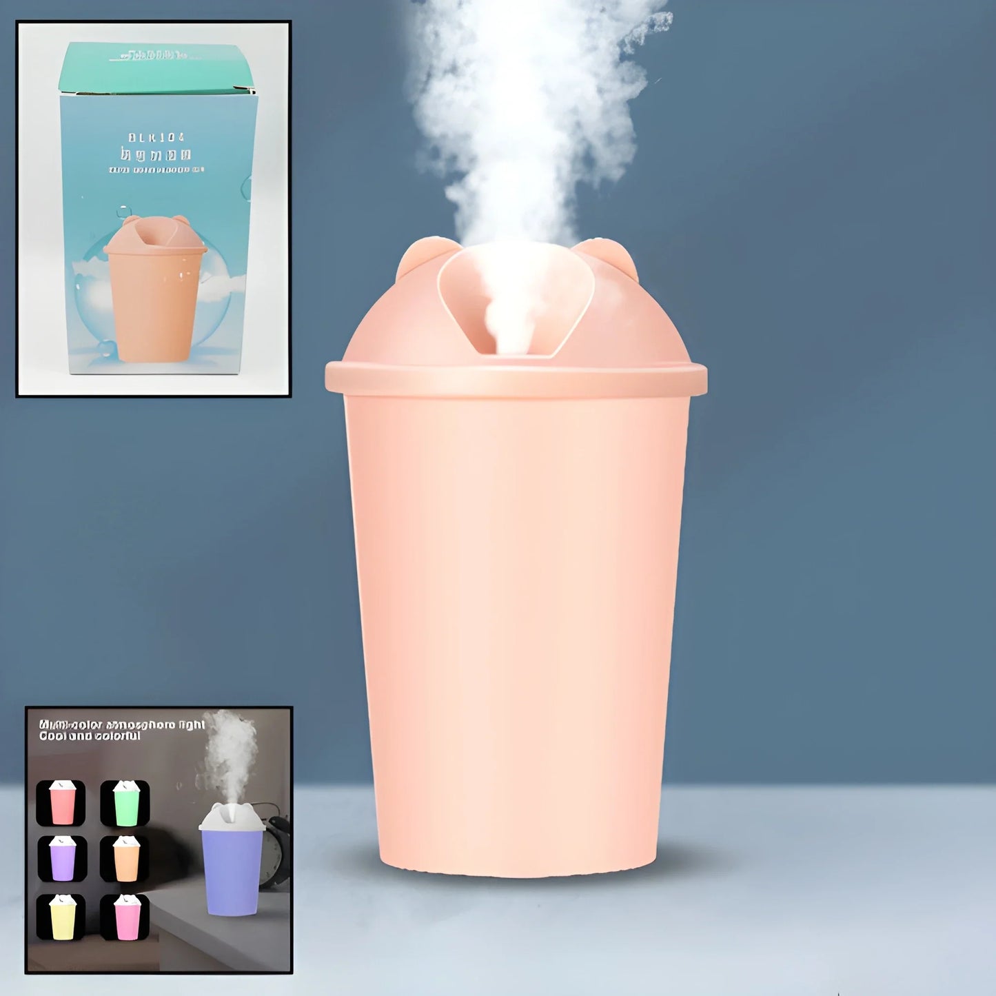 Pink bear-shaped USB humidifier cup with raised bear head and visible steam