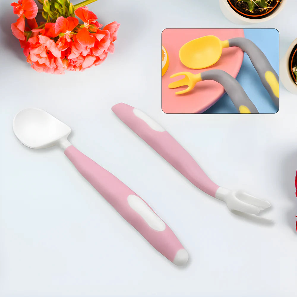 Kids bendable spoon and fork set, pink silicone utensils with soft grips