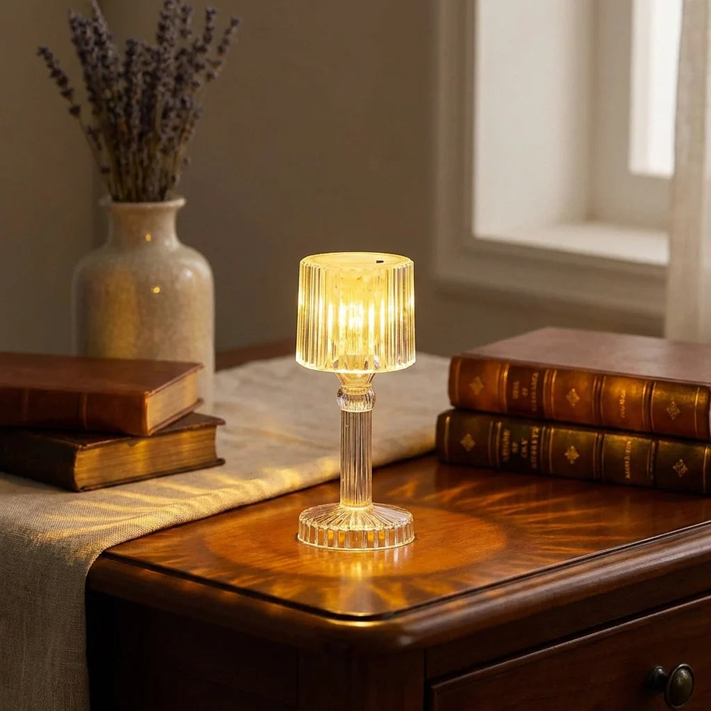 Large acrylic LED desk lamp with ribbed base and clear column, glowing warm light