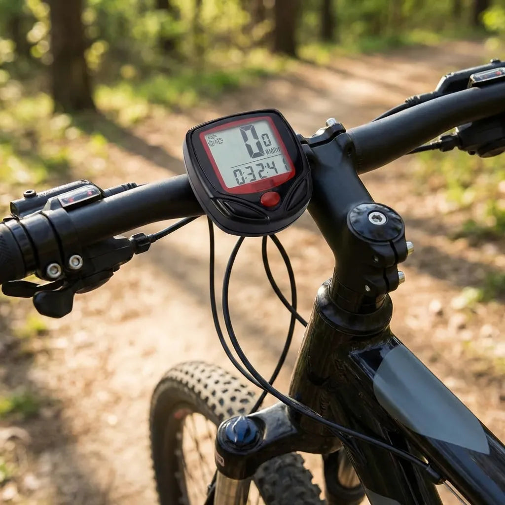 Bike speed computer close-up on handlebar stem, red border LCD showing speed