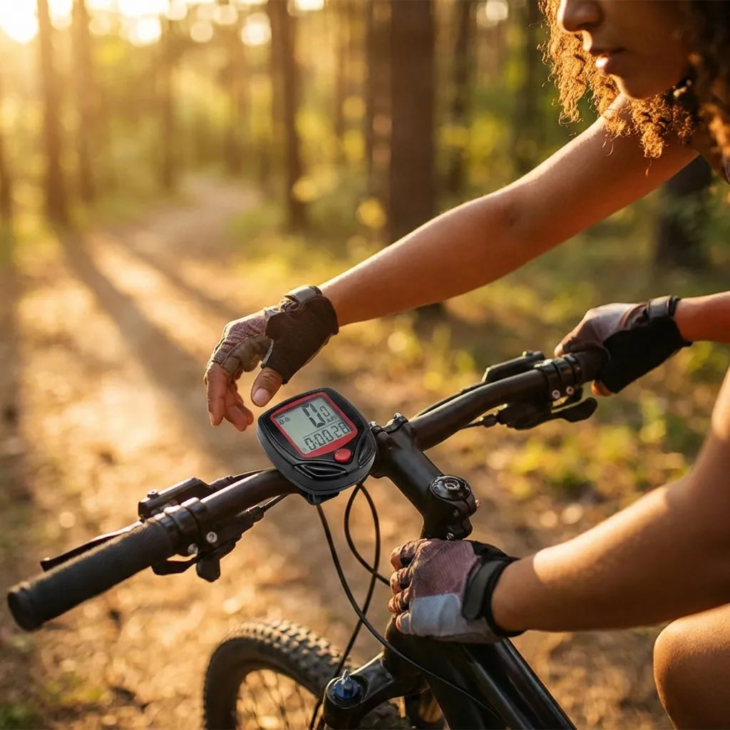 Bike speed computer mounted near handlebar grips, red bezel and digital speed screen