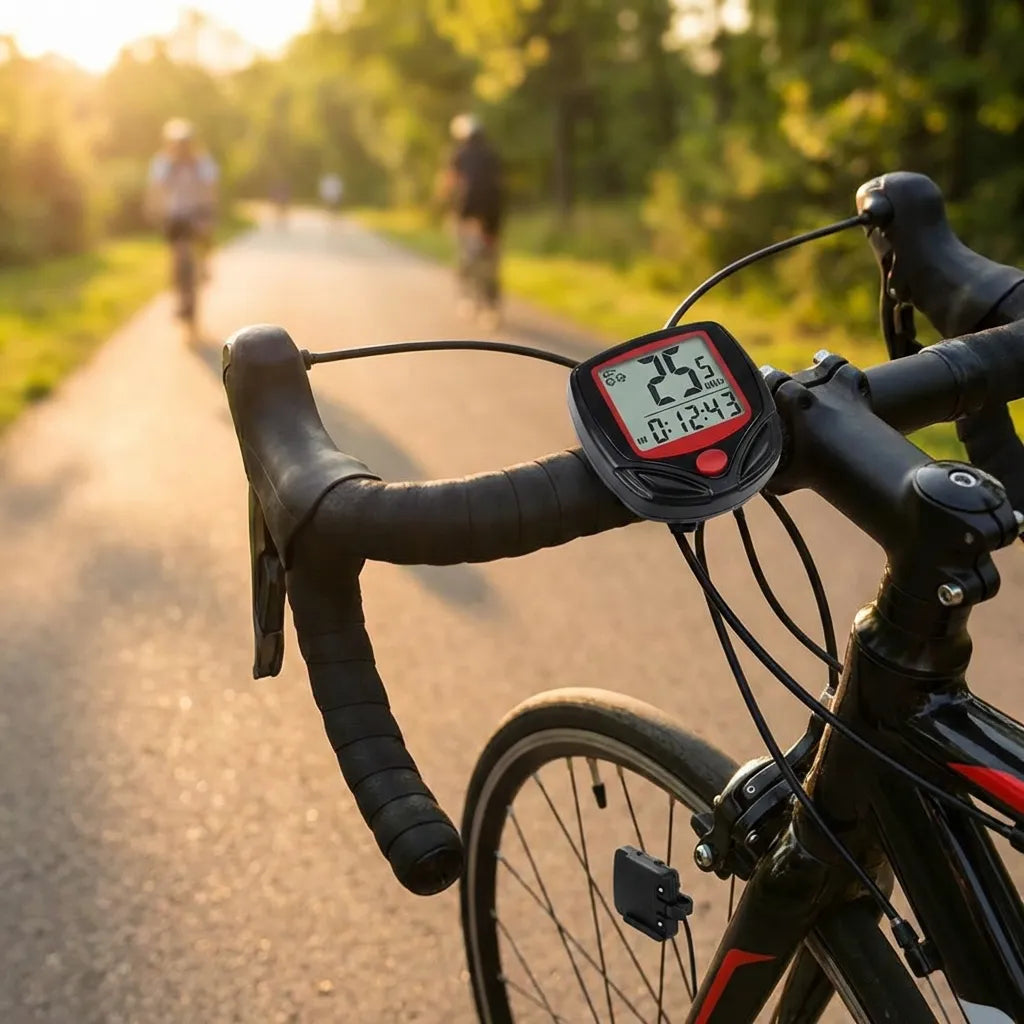 Bike speed computer on bike handlebar, red frame and cable wiring with speed readout