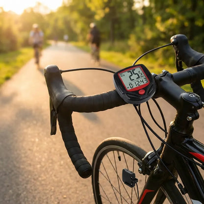 Bike speed computer on bike handlebar, red frame and cable wiring with speed readout