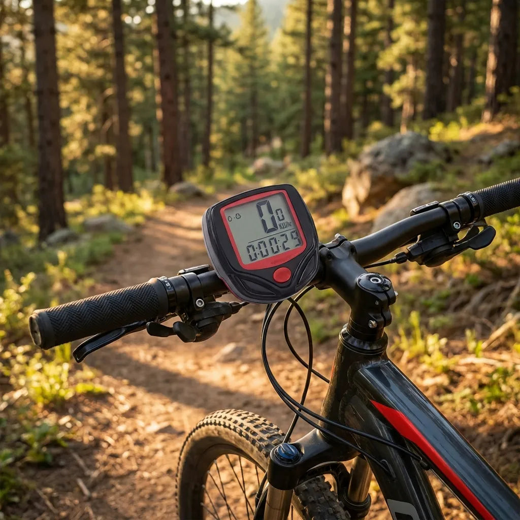 Bike speed computer on mountain bike handlebar with backlit screen and speed readings