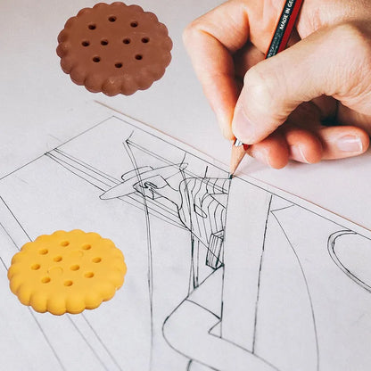 Biscuit-shaped erasers set, brown and yellow cookie forms, used on sketch paper
