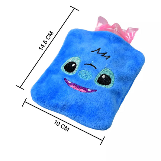 Blue plush hot water bag cover with cartoon face and pink bow