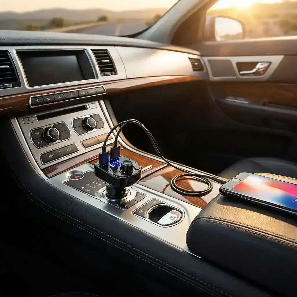 Bluetooth FM transmitter in car cup holder area, black base with blue-lit screen and cables.