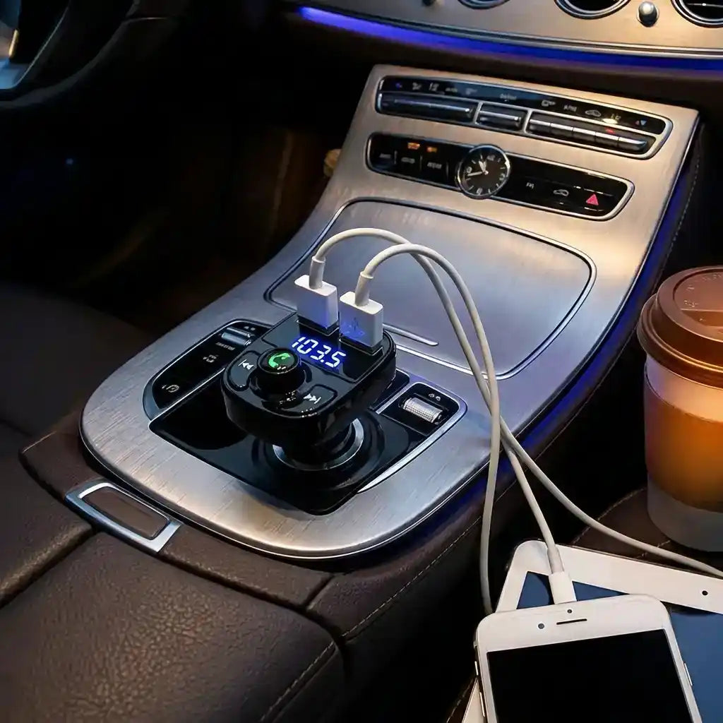 Bluetooth FM transmitter on console, black control box with digital display and connected cables.