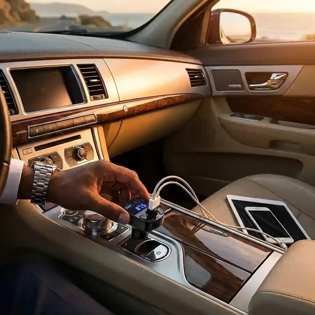 Bluetooth FM transmitter with blue display on car console next to smartphone connected by cable.