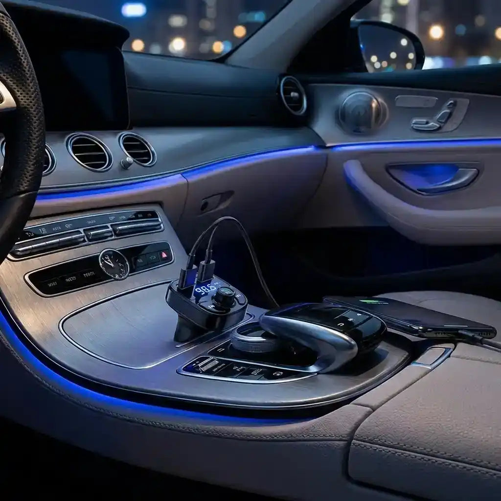 Bluetooth FM transmitter mounted in car center console, black unit with screen and knob.