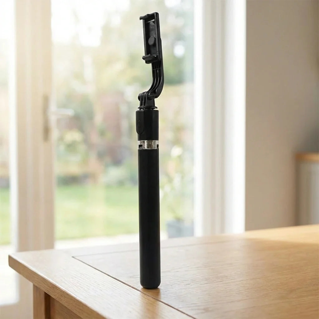 Black Bluetooth selfie tripod with extended grip and phone clamp