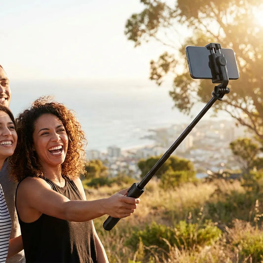 Bluetooth selfie tripod with phone clamp and extendable pole