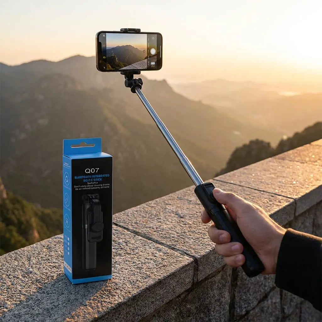 Bluetooth selfie tripod shown with retail box and phone mounted on clamp