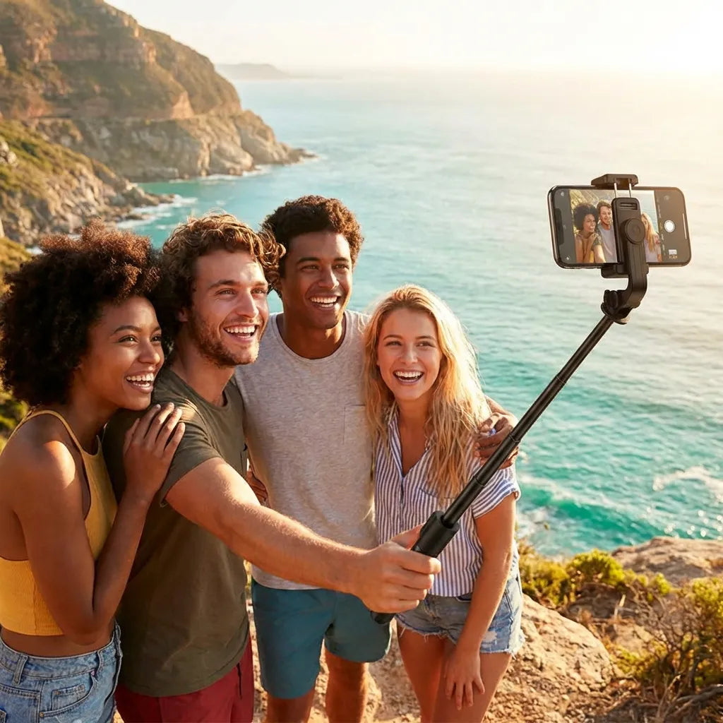 Bluetooth selfie tripod held for a group selfie, with smartphone mounted
