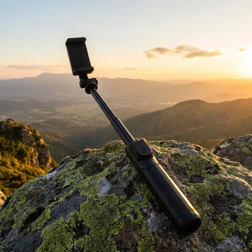 Bluetooth selfie tripod with mounted phone clamp on extended pole