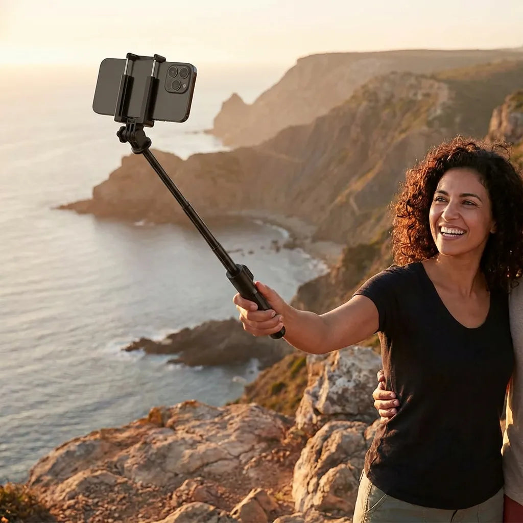 Selfie tripod with phone mount on extendable pole