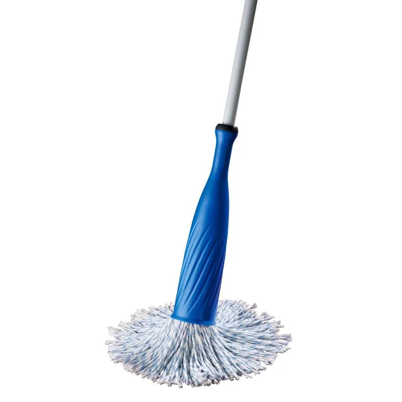 Bottle spray mop with blue handle and round microfiber brush head