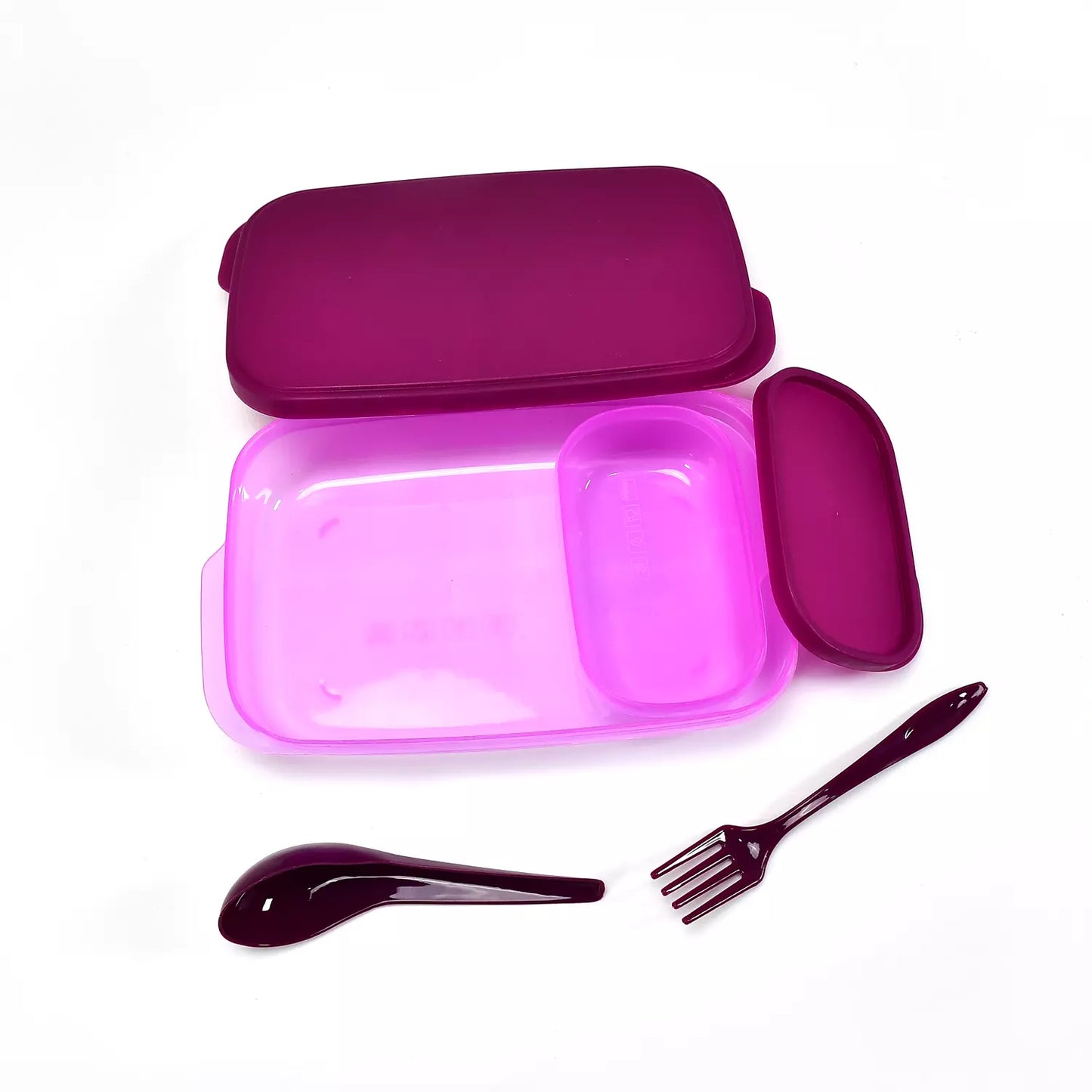 Plastic lunch box with lid and utensil fork, purple BPA-free