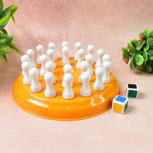 Orange base memory chess game with white chess pieces and colored blocks