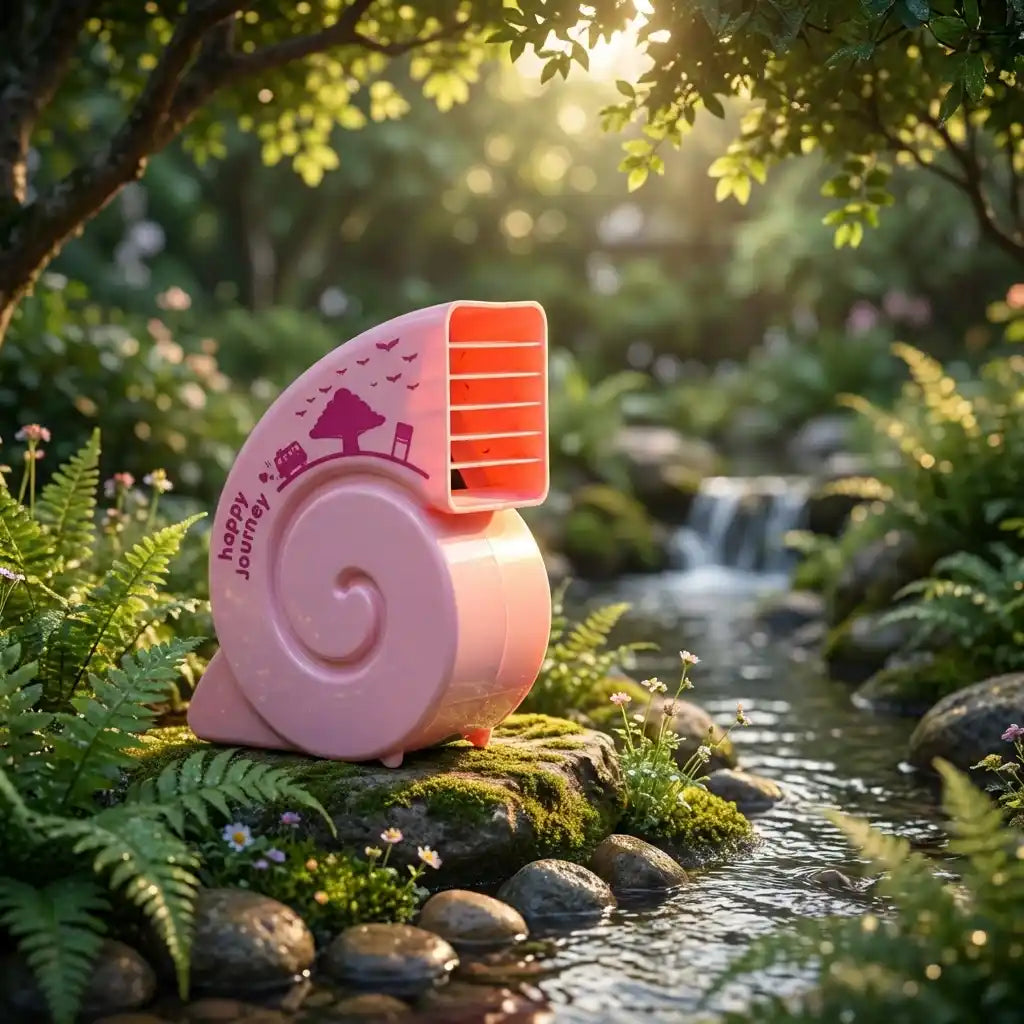 Pink-and-orange USB mini fan with red grille, portable desktop style