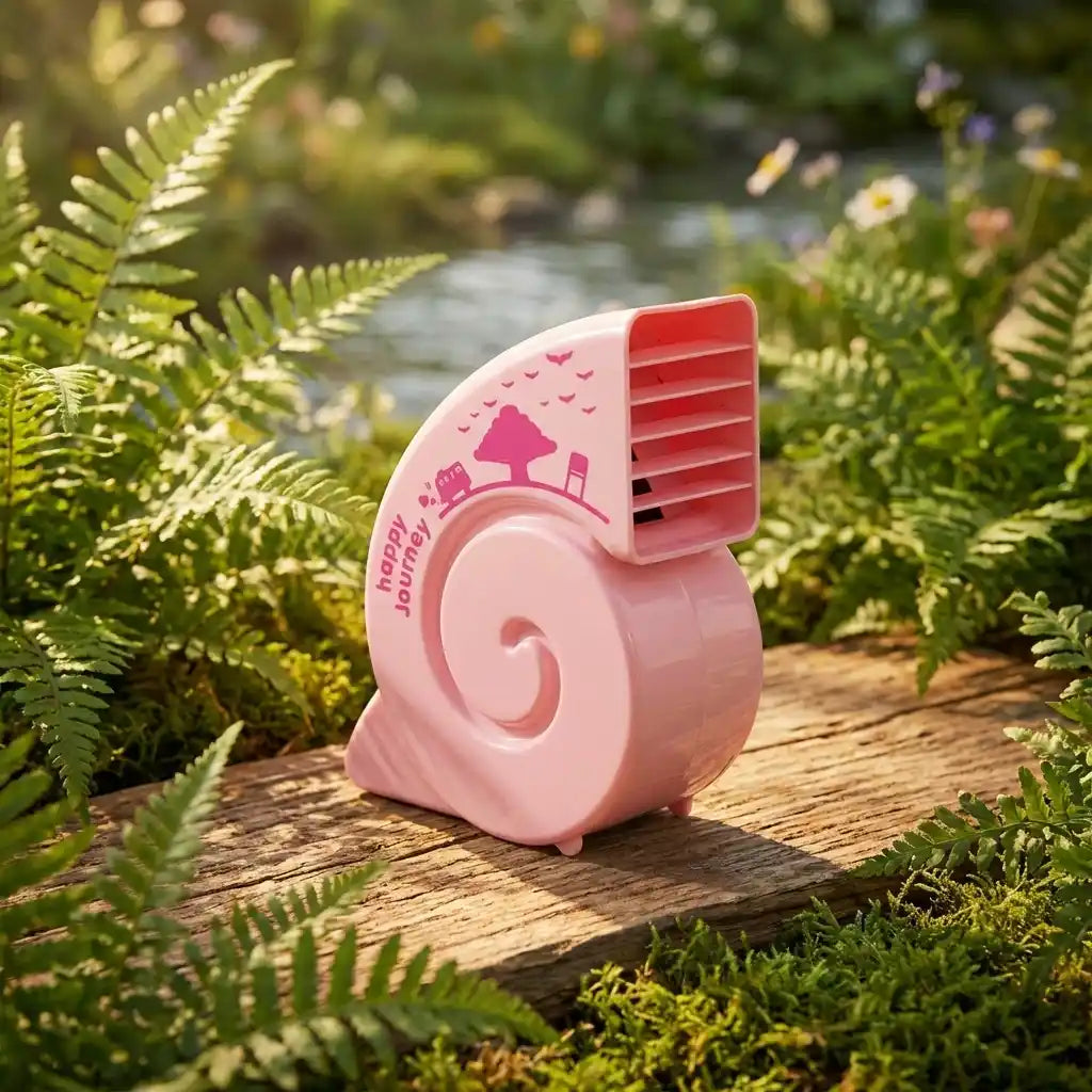 Pink USB mini fan with red grille, compact spiral front