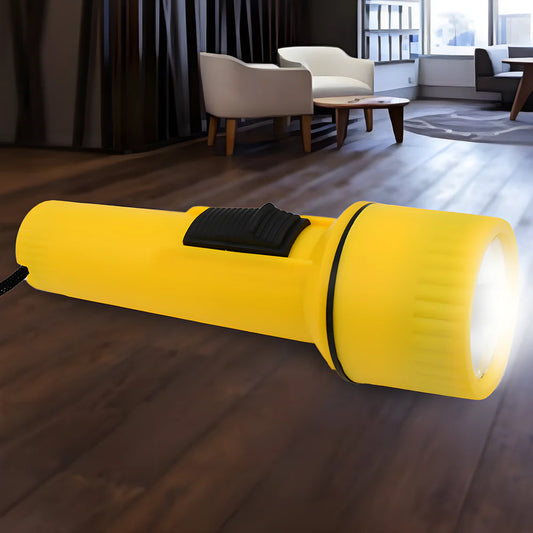 Yellow handheld LED torch with black grip and bright white light beam