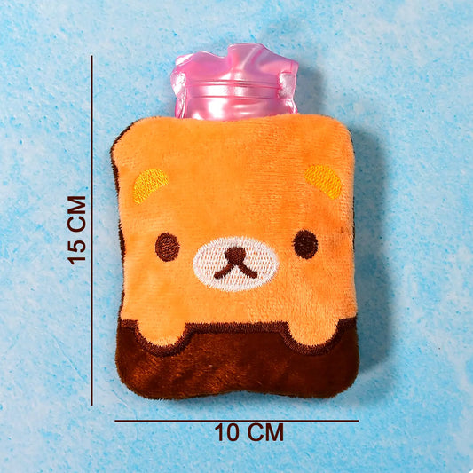 Orange panda print hot water bag with soft plush cover and pink cap